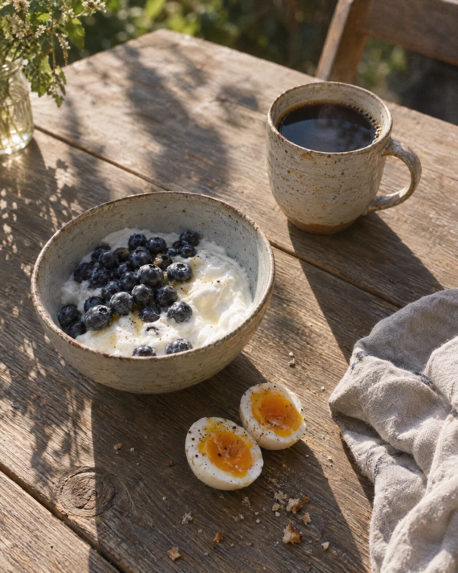 A simple breakfast of yogurt, blueberries, a soft-boiled egg and black coffee on a wooden table.