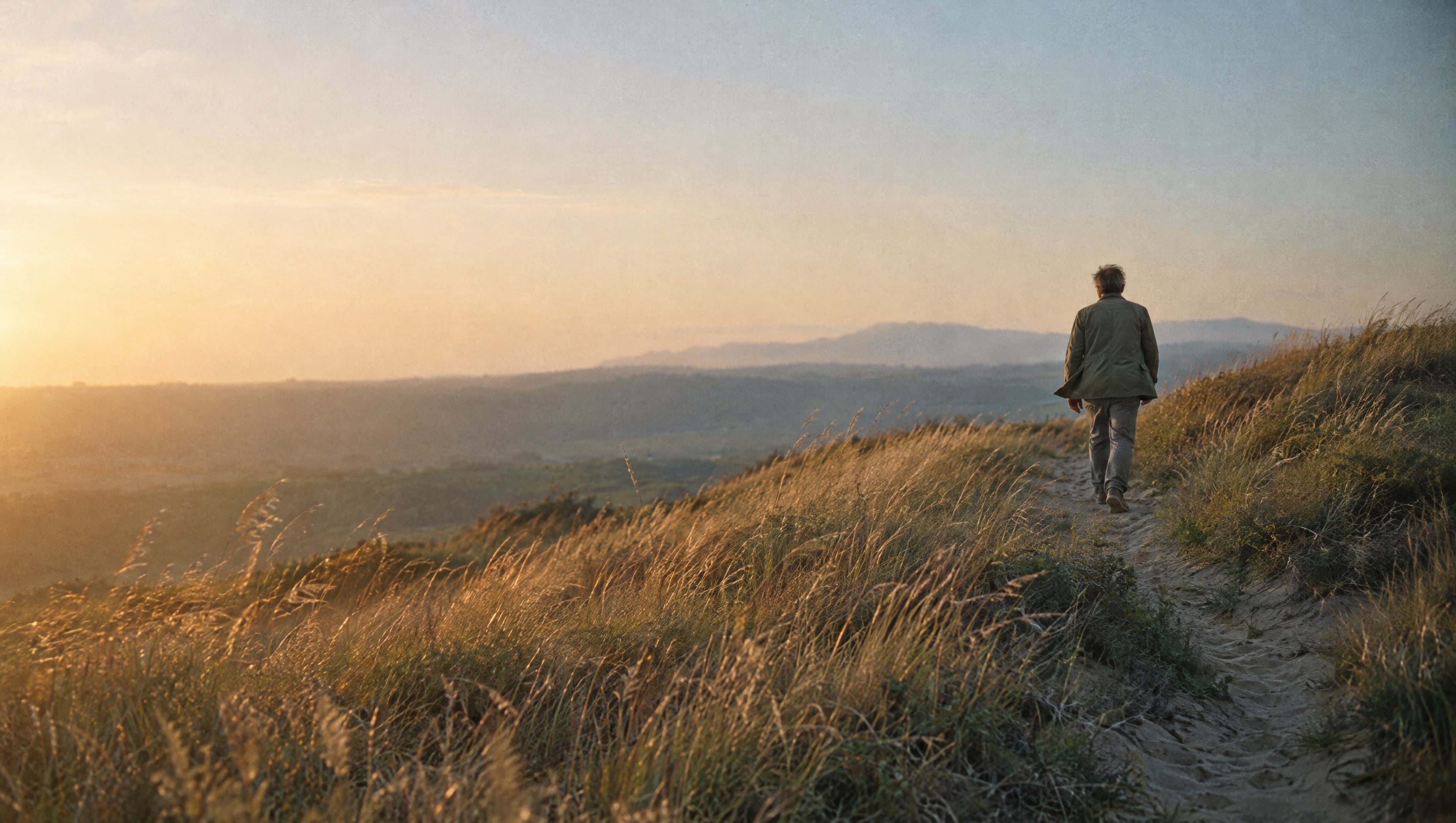 A man in his fifties walking a sandy ridge path through tall grass at golden hour.