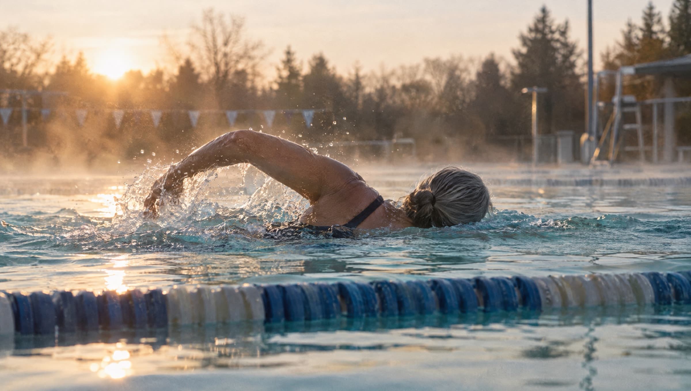 A woman in her sixties swimming laps in an outdoor pool at sunrise.