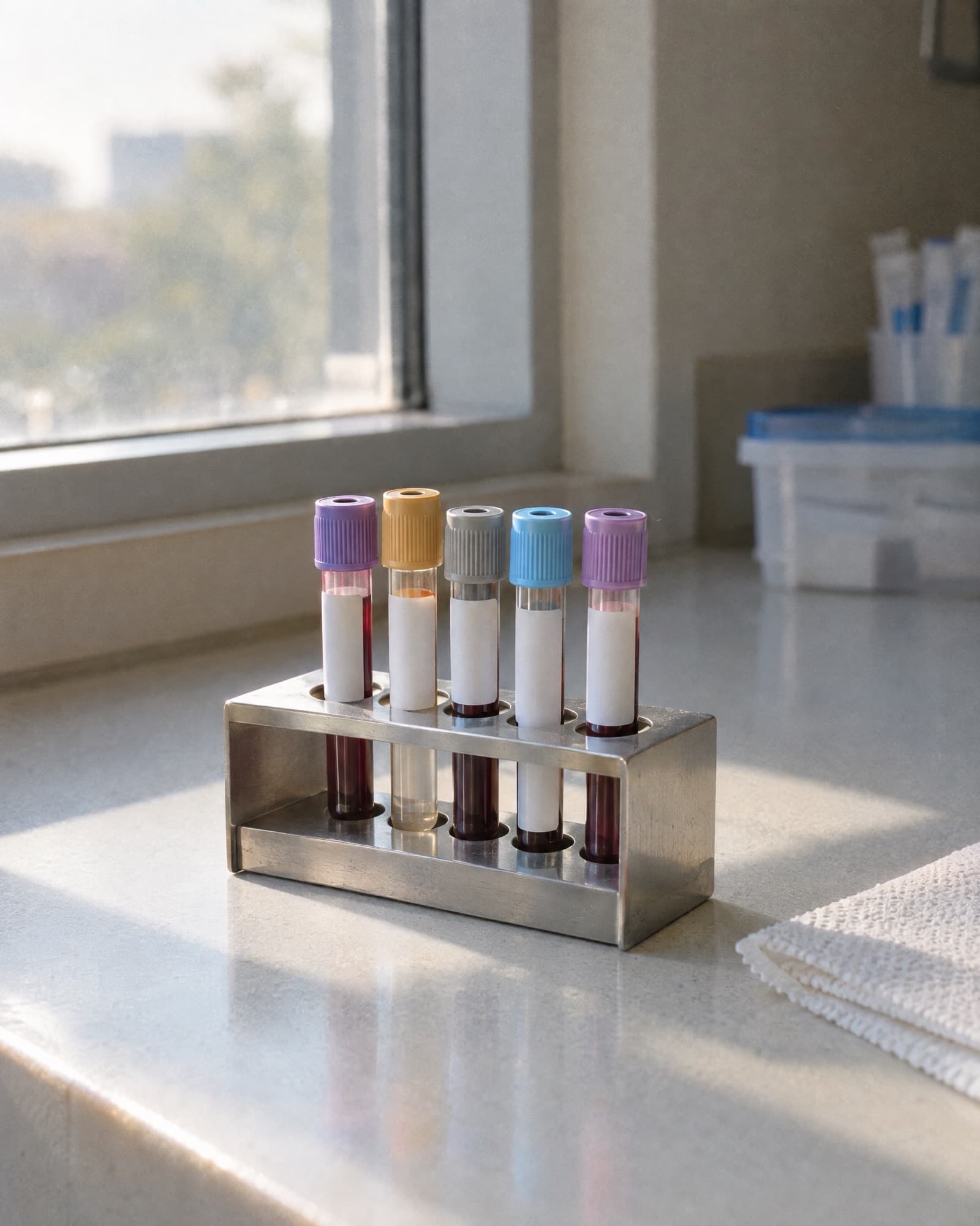 Blood collection tubes standing in a steel rack beside a sunlit window.