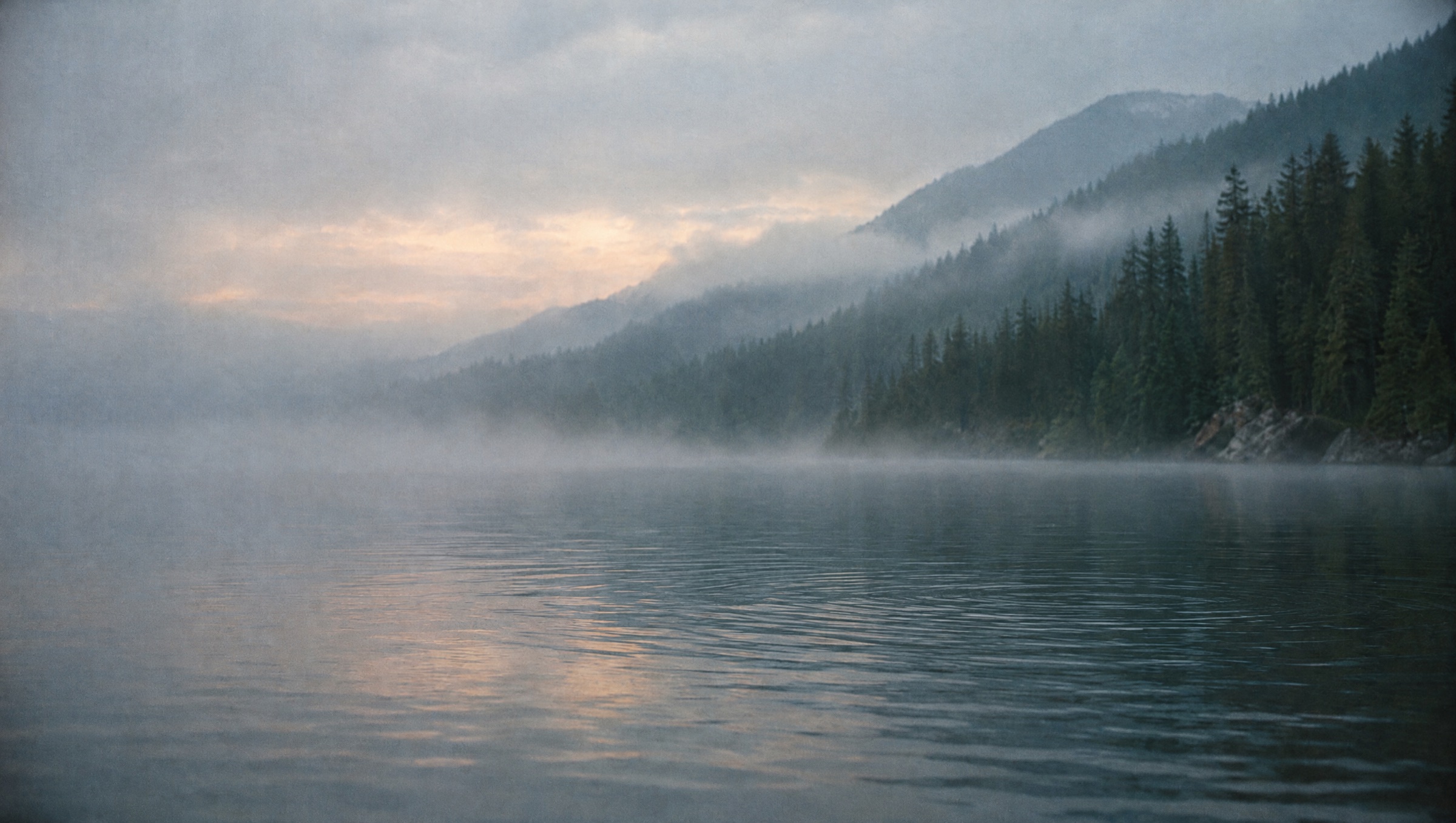 A still alpine lake at dawn, low mist over the water and pine-covered mountains.